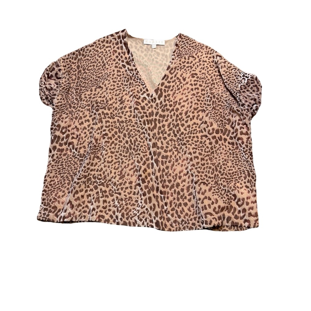 🐆‎ KARLIE Leopard Print V-Neck Short Sleeve Blouse Tan Brown Women’s S 🐆